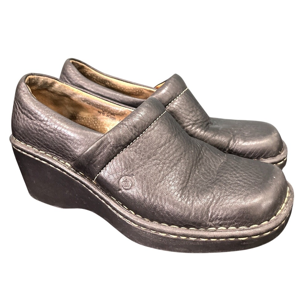 Born Womens Wedge‎ Mule Clogs Sz 8 Black Pebbled Leather Slip On Comfort Work